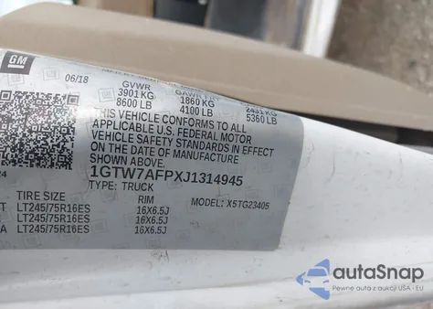 2018 GMC Savana 2500 Work Van z USA, uszkodzony, nr VIN 1GTW7AFPXJ1314945